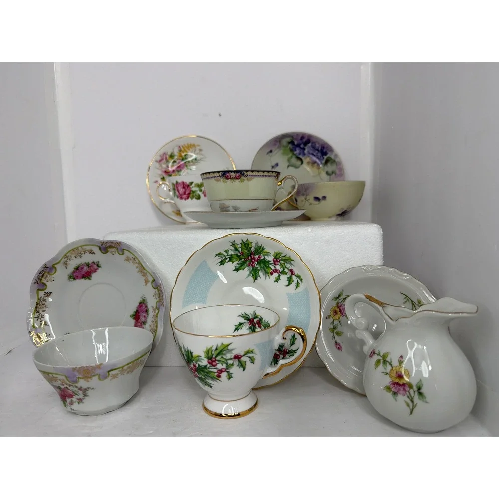Vintage Mixed Tea Cup and‎ Saucer Set Limoges Lefton Japan Floral Holly 13pc Lot